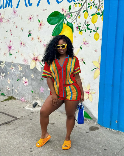CM.YAYA Women's Set Striped Knitted Short Sleeve Button Shirt and Shorts  Summer Two 2 Piece Set Outfit Ribbed Tracksuit