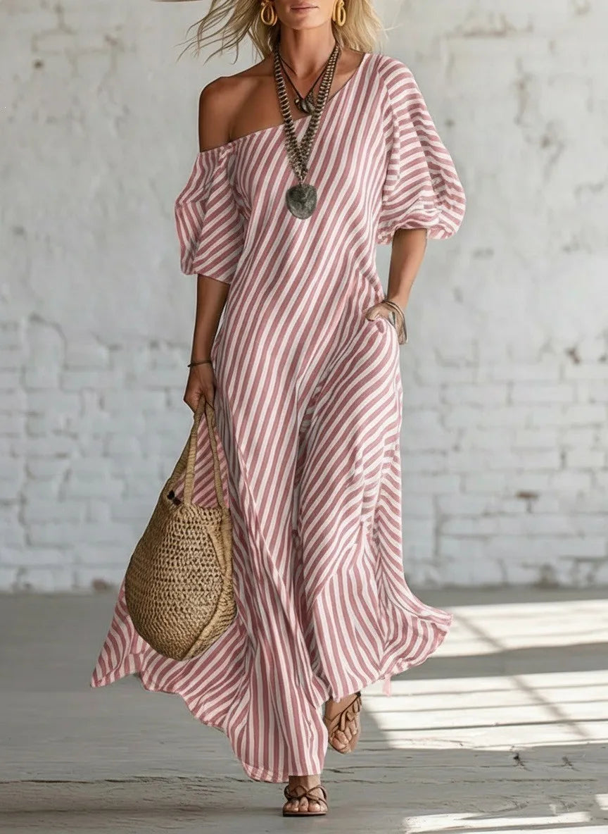 Summer Woman Dress Long Striped Off Shoulder Dresses Short Sleeve Maxi Dress Wrap Style Pink Striped Shirt Dress 's Women's