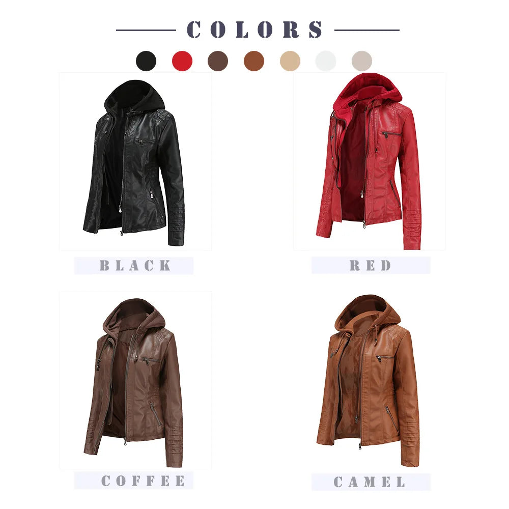 2024 Women's Hooded Leather Jacket 2 Pieces Set with Detachable Large Leather Jacket for Women Spring  Autumn PU Leather Jacket