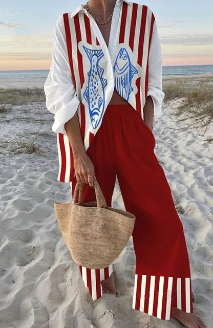 Summer Women New Casual Print Two-piece Set Clothing Seaside Tropical Vacation Style Printed Lapel Shirt + Wide-leg Trousers Set