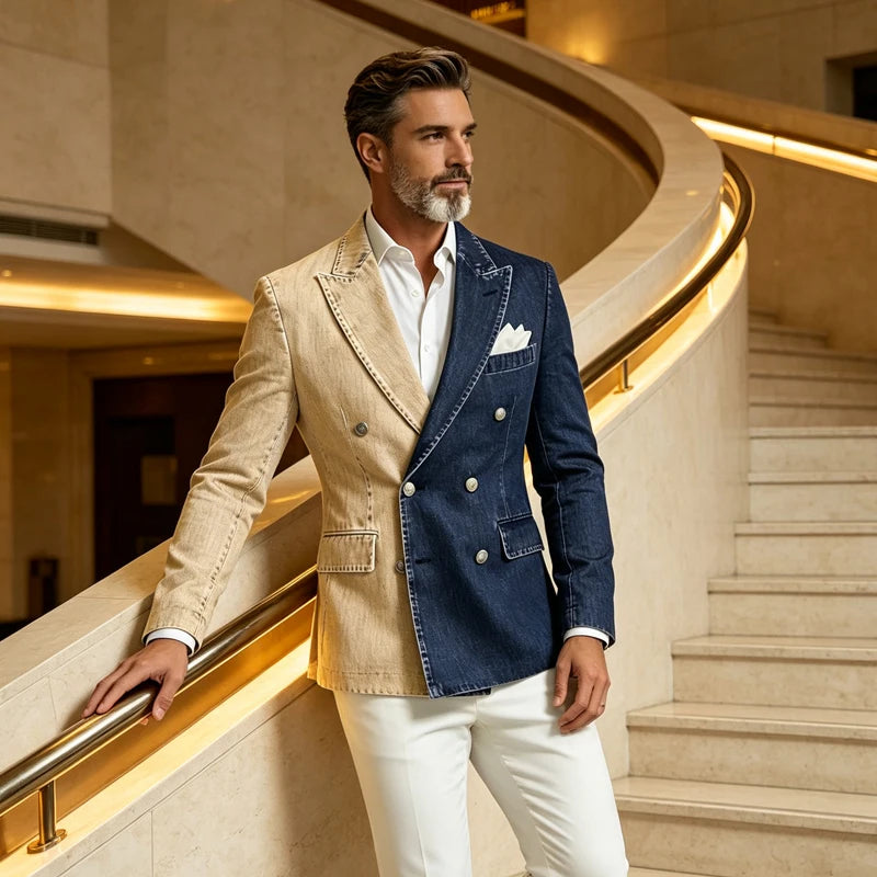 Men Spliced Denim Jacket Peak Lapel Double Breasted Slim Fit Casual Blazer Outing Date Night Trendy Party Fashion Costume Homme