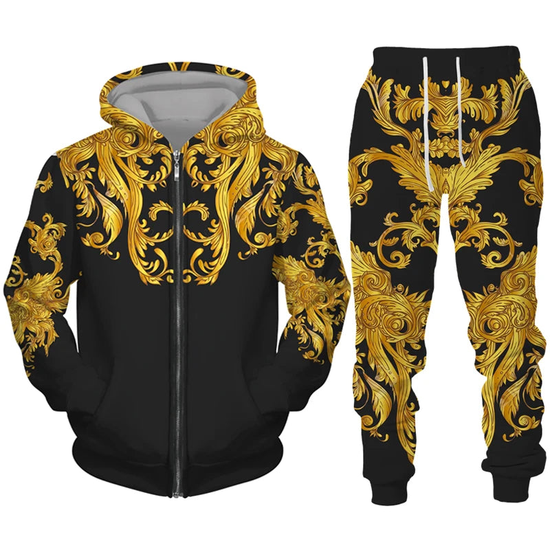 Luxury Golden Pattern 3D Print Men's Zipper Tracksuit Set Casual Hoodie+Pants 2pcs Sets Oversized Sweatshirt Fashion Men Clothes