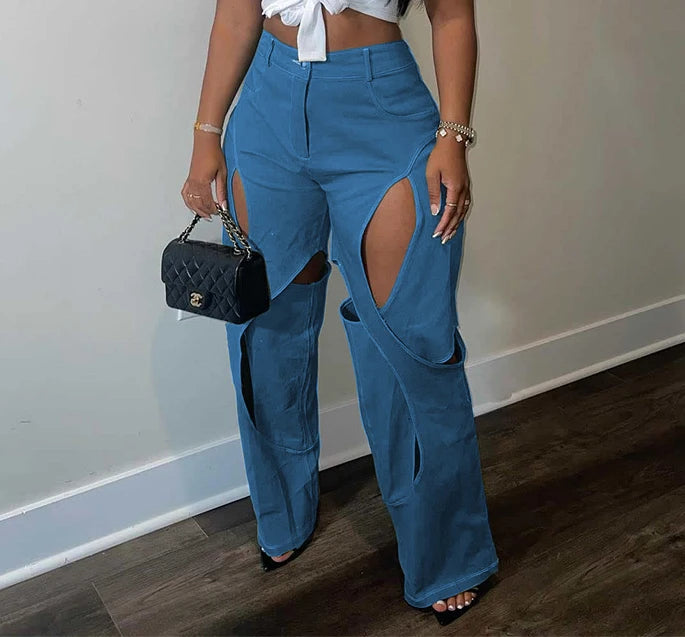 Blue Green Contrast Color Patchwork Wide Leg Trousers for Women High Waist Button Zipper Closure Hollow Out Straight Leg Pants
