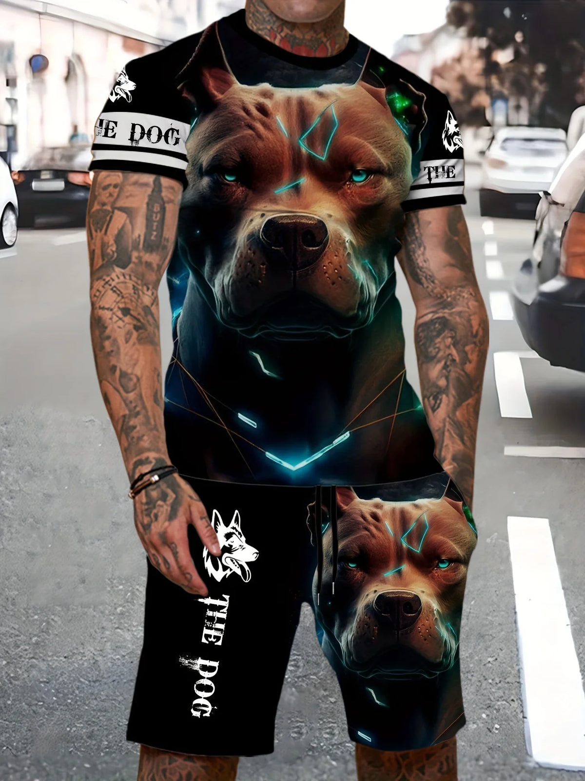 Sommer Herrenmode Freizeit-Sport-Set Locker sitzend Trendiger Puppen-Graffiti-Print Rundhals Kurzarm Zweiteiler mit Shorts