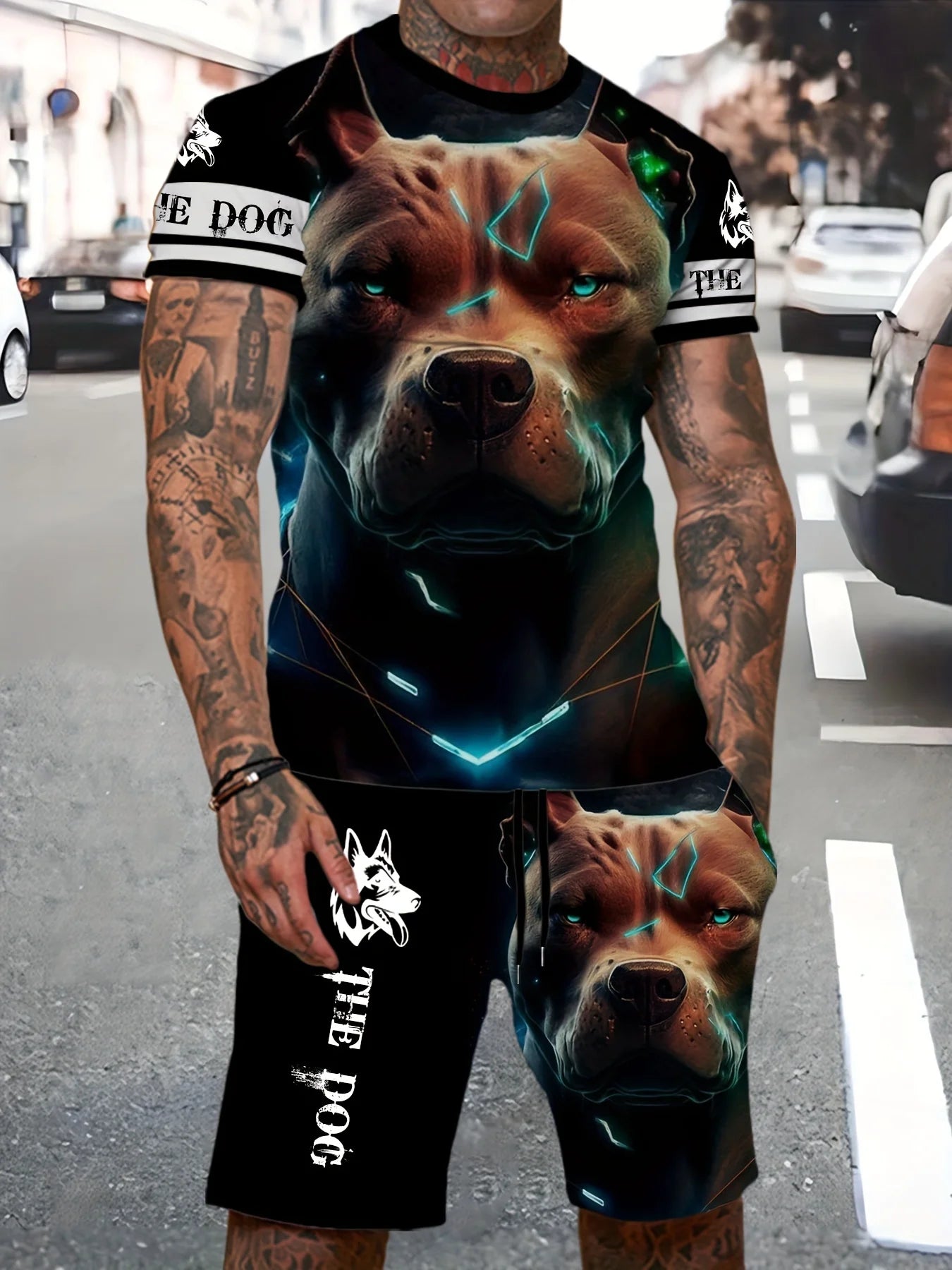 Summer Men's Fashion Casual Sports Set Loose-Fit Trendy Doll Graffiti Print Crew Neck Short Sleeve Two-Piece Set with Shorts