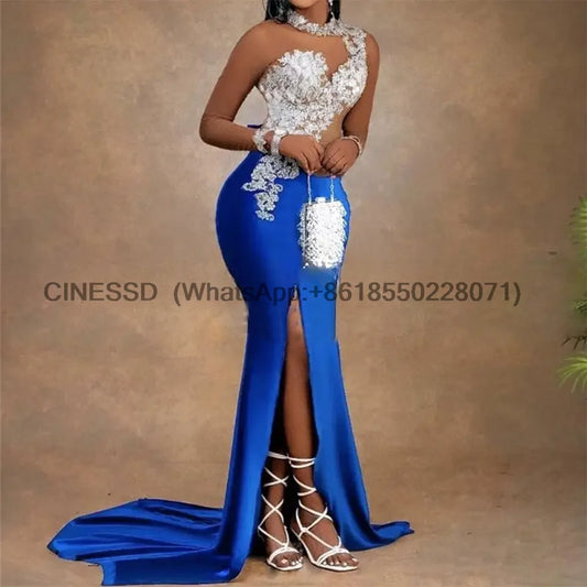 Side Split Mermaid Prom Dresses With Sheer Long Sleeves Appliques Women Long Sweep Train Graduation Dress Evening customized