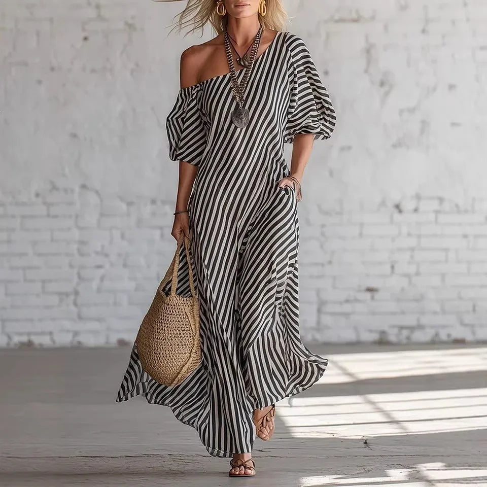 Summer Woman Dress Long Striped Off Shoulder Dresses Short Sleeve Maxi Dress Wrap Style Pink Striped Shirt Dress 's Women's