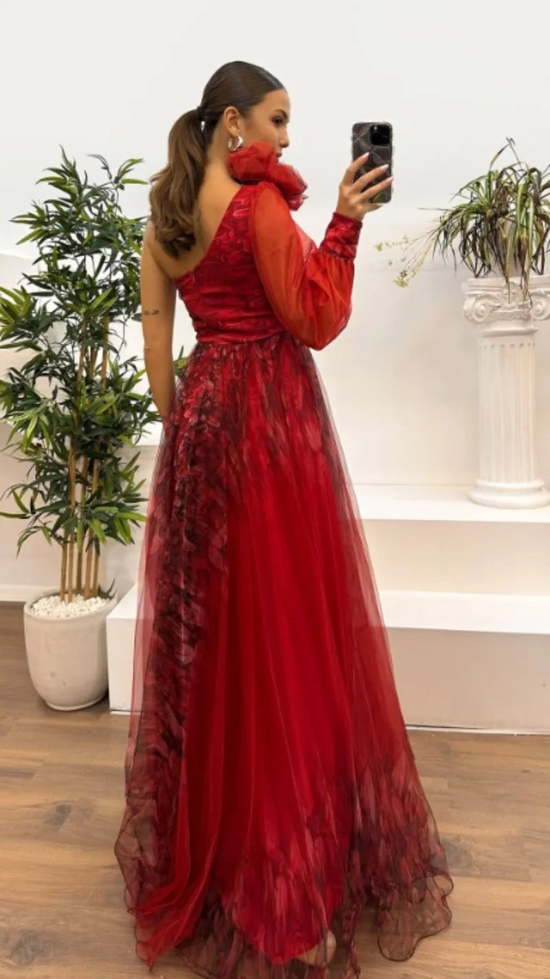 2025 Women Evening Dress Off Shoulder Pleated Long Lantern Sleeve Split Hem Maxi Dress Rhinestone Decor High Waist Party Dresses