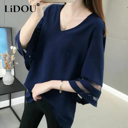 Summer Solid V-neck Mesh Patchwork Loose Casual Shirt Top Women Half Sleeve Oversized Fashion Blusa Simple Pullover Blouse