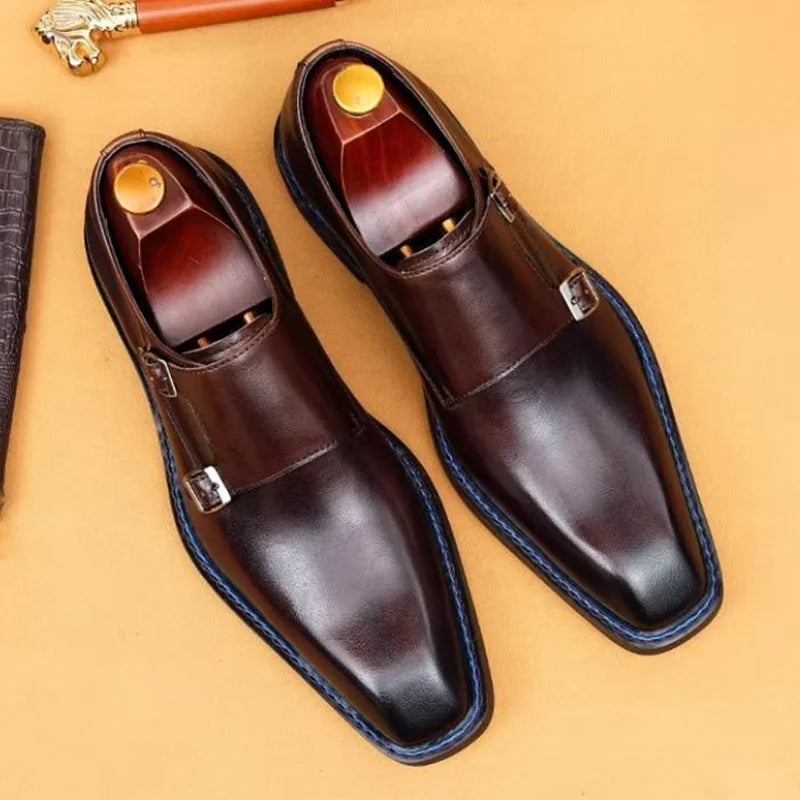Hochwertige Herrenschuhe aus Rindsleder, eckige Zehenpartie, Doppel-Monk-Strap, Herren-Businessschuhe zum Hineinschlüpfen