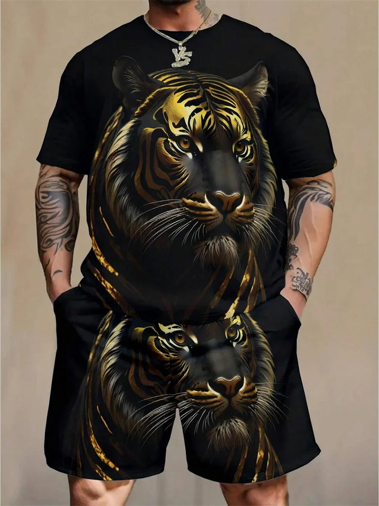 2024 New Crew Neck Short Sleeve T-shirt Fashion Shorts Set 3D Lion Print Short Sleeve Shorts 2-piece Men's Summer Sports Set