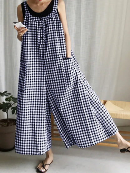Celmia  Vintage Wide Leg Pants Jumpsuits Fashion Women Plaid Playsuits Summer Bohemian Casual Sleeveless Trousers Overalls
