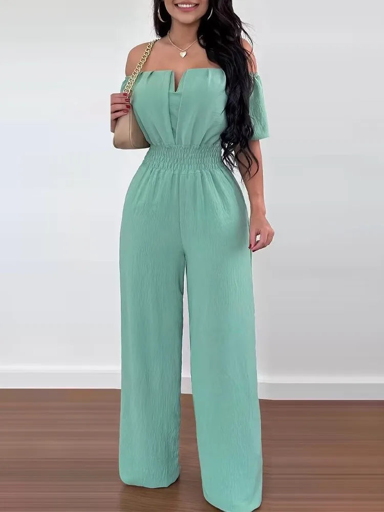 Sexy Solid Off Shoulder Jumpsuit Elegant V Neck Slim Fit Elastic Waist Jumpsuits 2024 New Office Lady Fashion Women Clothing