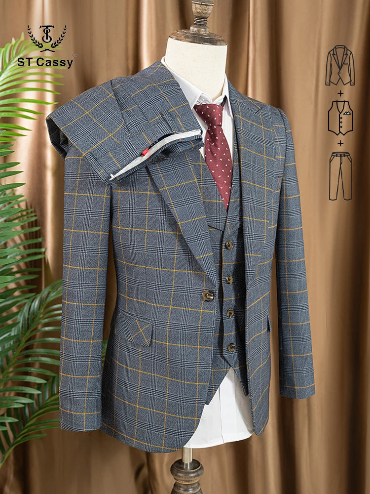 ST Cassy High Quality 3 Piece Checkered Suit Set Men Stylish Business Office Wedding Formal Outfit Full Elegant Man Suit