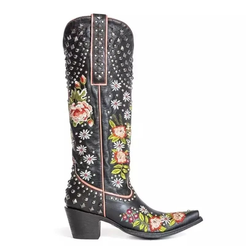 New Embroidered Rivet Western Cowboy Women Boots Pointed Toe Square Heels Vintage Knight Boots Cowgirl Boots Women's Shoes