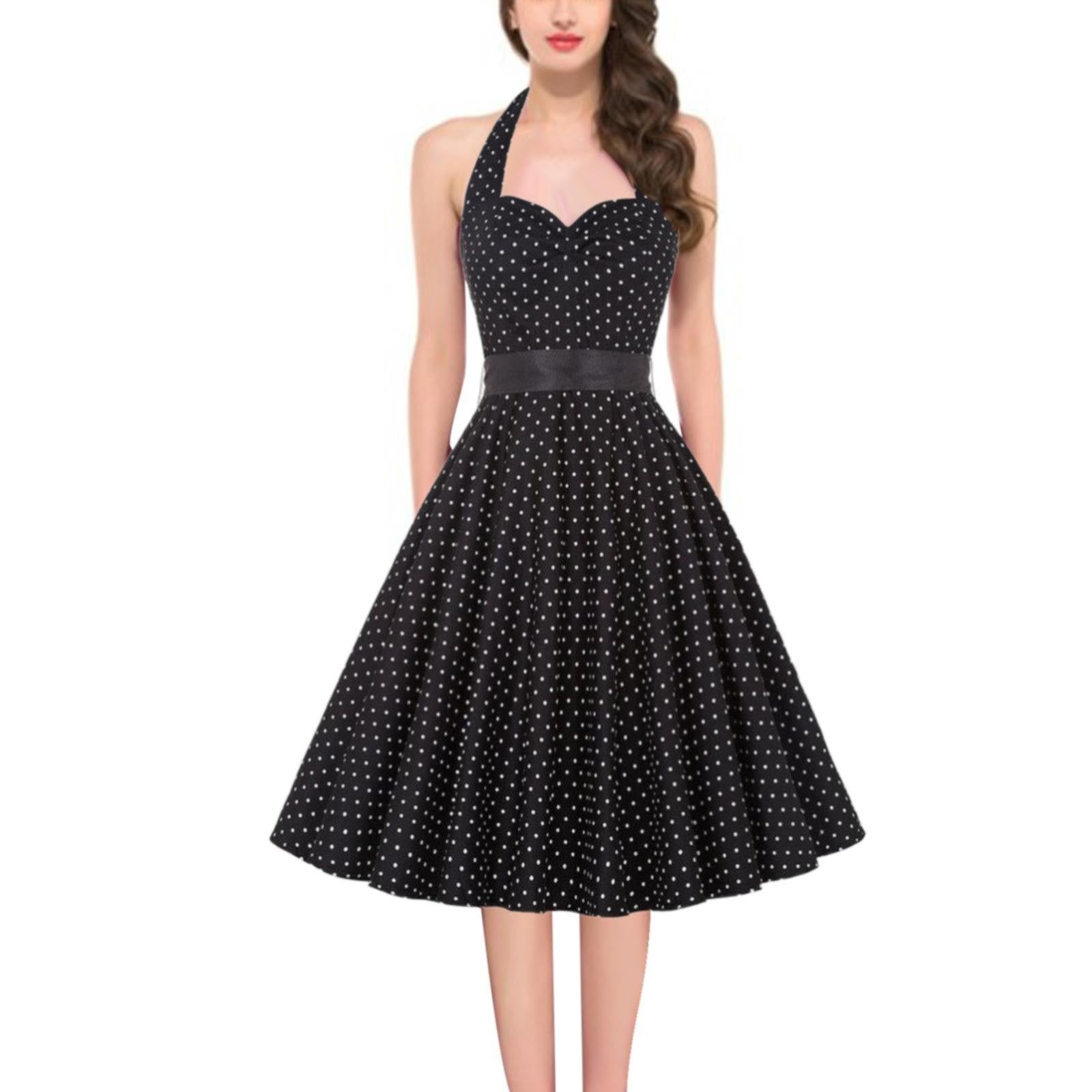 Vintage Polka Dot A-Line Dress Summer Women Sexy Halter Backless Low Cut Party Dress 50s 60s Retro Pin Up Rockabilly Swing Dress