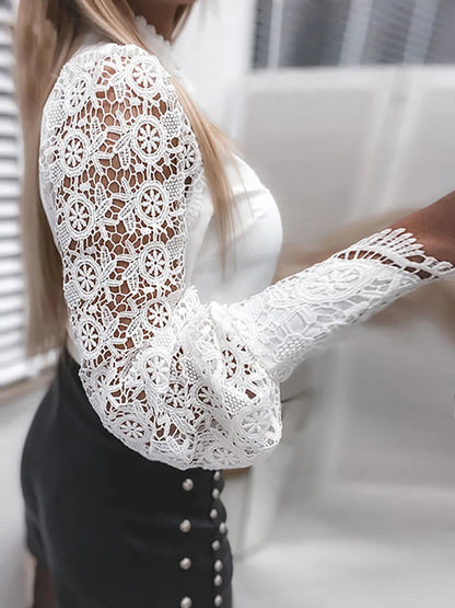 Shirts Elegant Office Ladies White Collared Lace Patchwork Hollow Out Button Up Womens Tops And Blouses  Fashion New Blouse