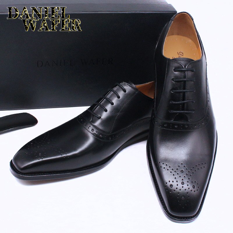 Men&#39;s Luxury Brand Shoes Fashion Brogue Formal Black Blue Lace-Up Wedding Office Dress Genuine Leather Oxford Shoes for Man