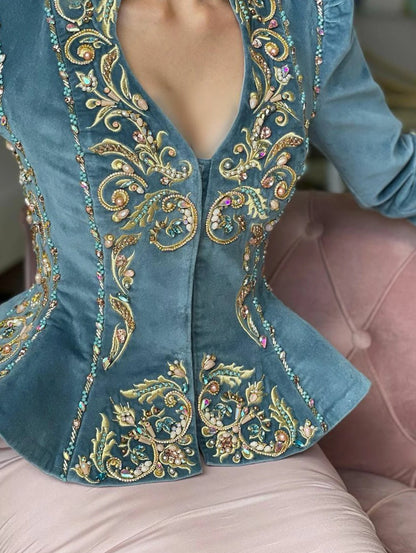 Elegant Chic Women Tops Floral Embroidered Deep V Neck Slim Waist Peplum Long Sleeve Design Asymmetric Vintage Velvet Blouse