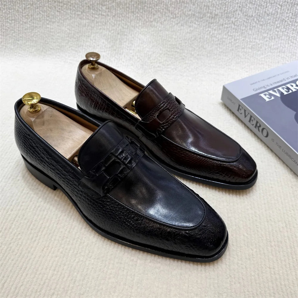 Luxus-Herrenschuhe aus echtem Leder mit Krokoprägung, Hochzeits-Loafer, Business-Büro-Slipper mit Doppelschnalle