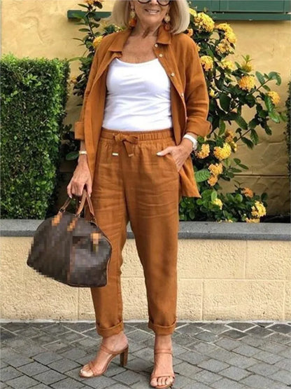 Autumn Spring Casual Suit Women Cotton Linen 2 Piece Set Solid Color Loose Button Shirt + Pants Sets Daily Women's Clothing