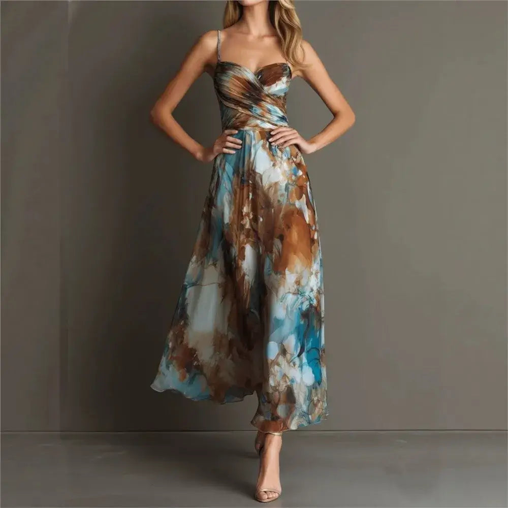 2026 Neue Kleider für Damen Mode Träger Strand Langes Kleid Elegant Bedrucktes Sexy Rückenfreies Vestido Temperament Mode Schlichter Stil