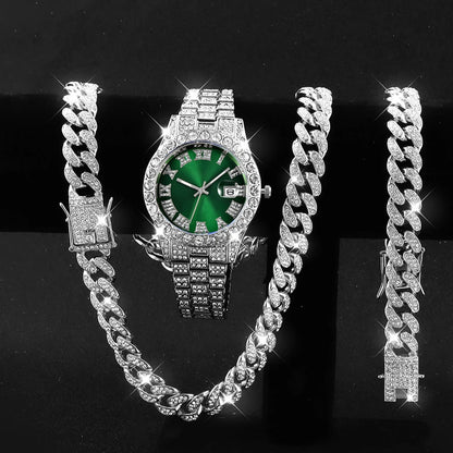 3PCS/Set Luxury Diamond Men's Watches Fashion Roma Dial Stainless Steel Band Quartz Watch Jewelry Set Reloj Hombre（Without Box）
