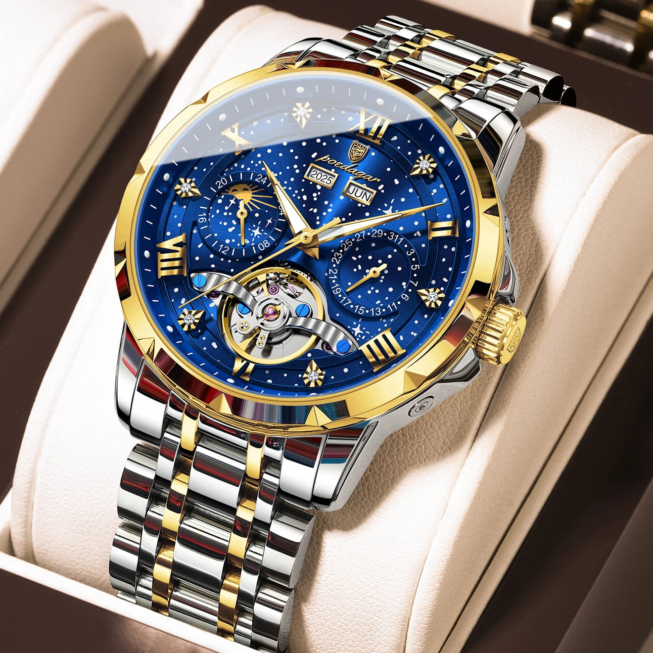 POEDAGARTopOriginal Men Clock Automatic MechanicalStainless Steel Men's Watches Calendar Hollow Tourbillon Man Watch Male+Box