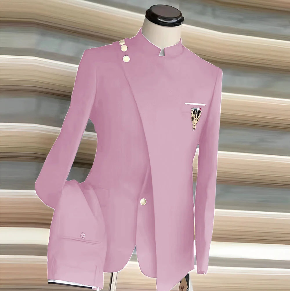 African Style Men's Suit 2 Piece Set Single Breasted Blazer Groom Wedding Tuxedo Gold Button Design Formal Jacket Pants 2 Piece