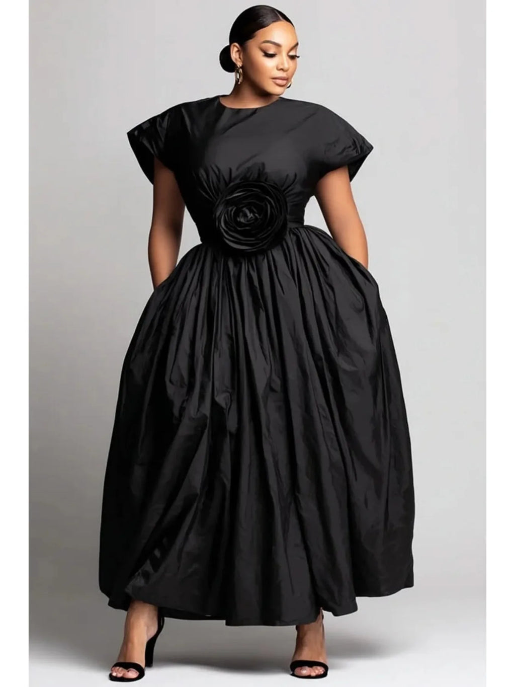 Women Plus Size Midi Dress Rose Applique Ball Gown Round Neck Short Sleeve High Waist Elegant Formal Party Dress with Pockets
