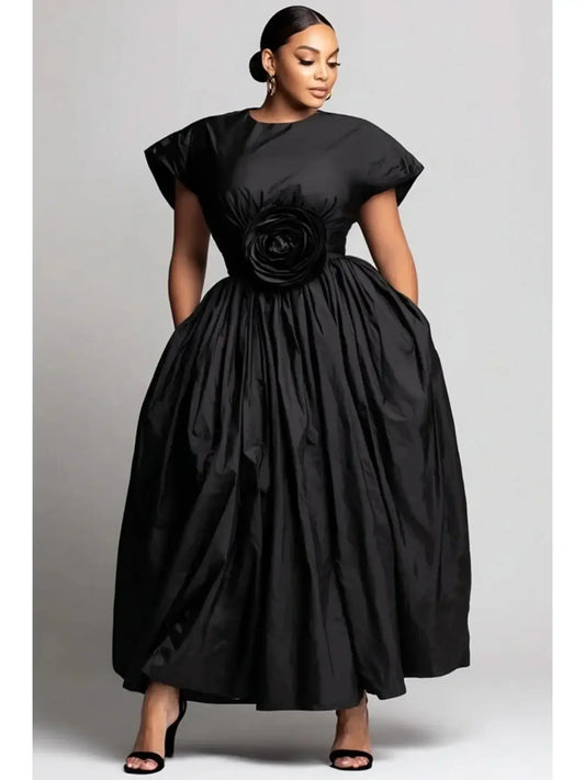 Women Plus Size Midi Dress Rose Applique Ball Gown Round Neck Short Sleeve High Waist Elegant Formal Party Dress with Pockets
