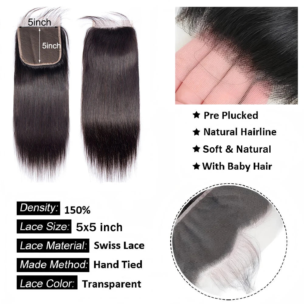Straight 13x6 Lace Frontal Only 12A Brazilian Virgin Human Hair 2x6 Lace Closure 4x4 5x5 Transparent Swiss Lace Closure