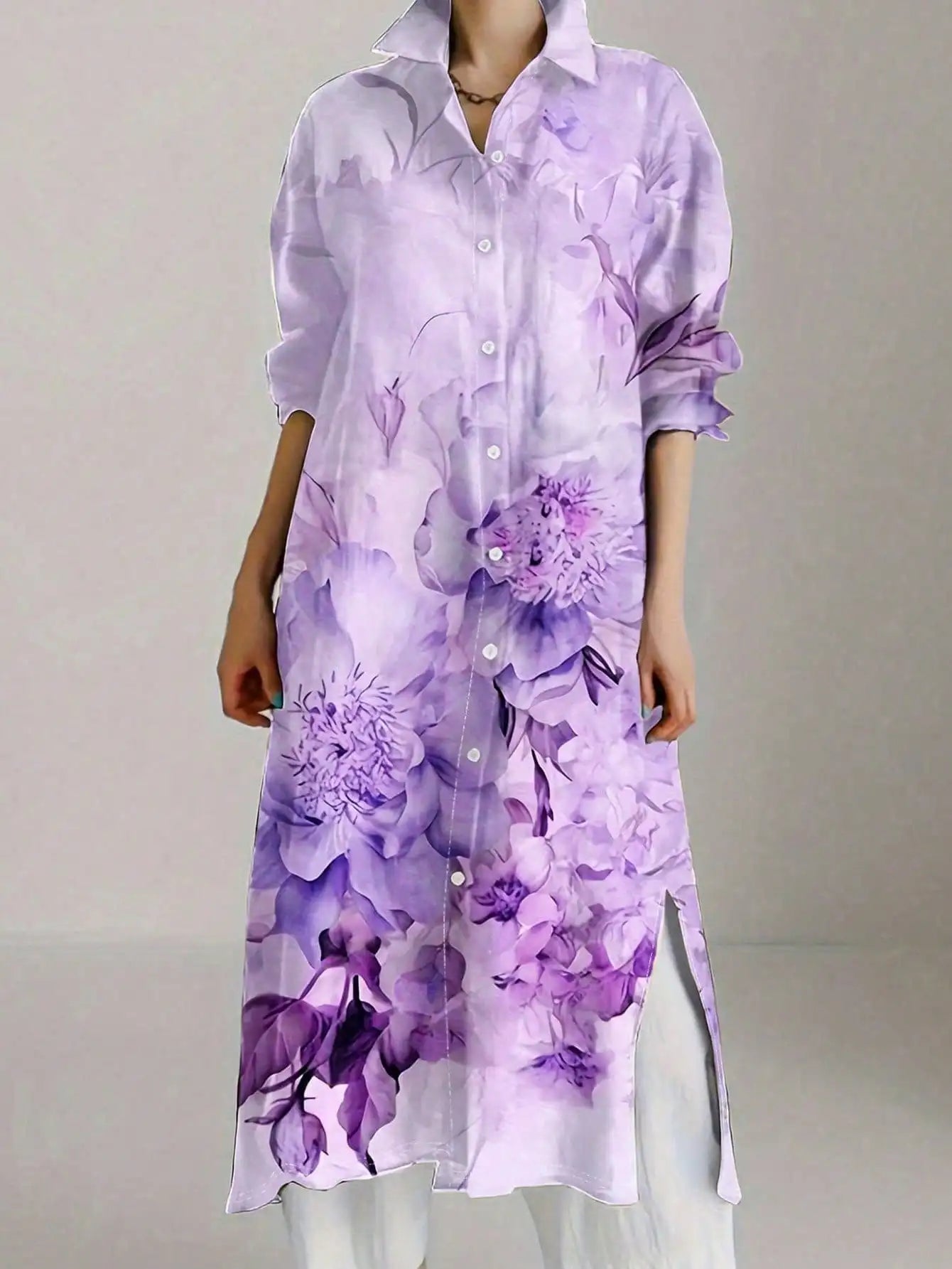 Plus Size Women's Vintage Chic Floral Print Long Sleeve Shirt Dress