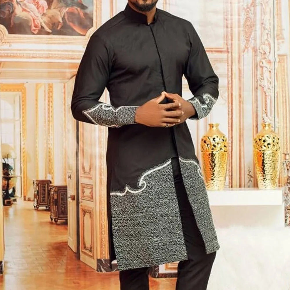 Dashiki African Men's Black Long-sleeved Printed Shirt 2piece Traditional National Dress Daily Casual Business Wedding Clothes