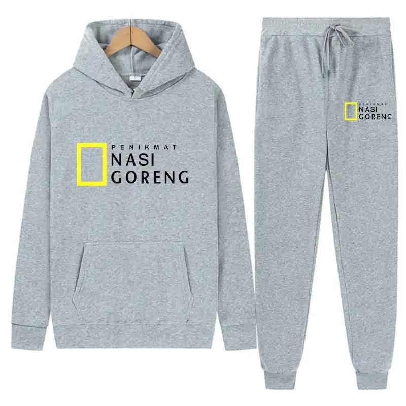 Autumn Men Gray Blue Casual 2PC Sets Trend Hoodie Tops Slim Pants Warm Sweatshirts Street Fashion Concise Printed Sports Suit