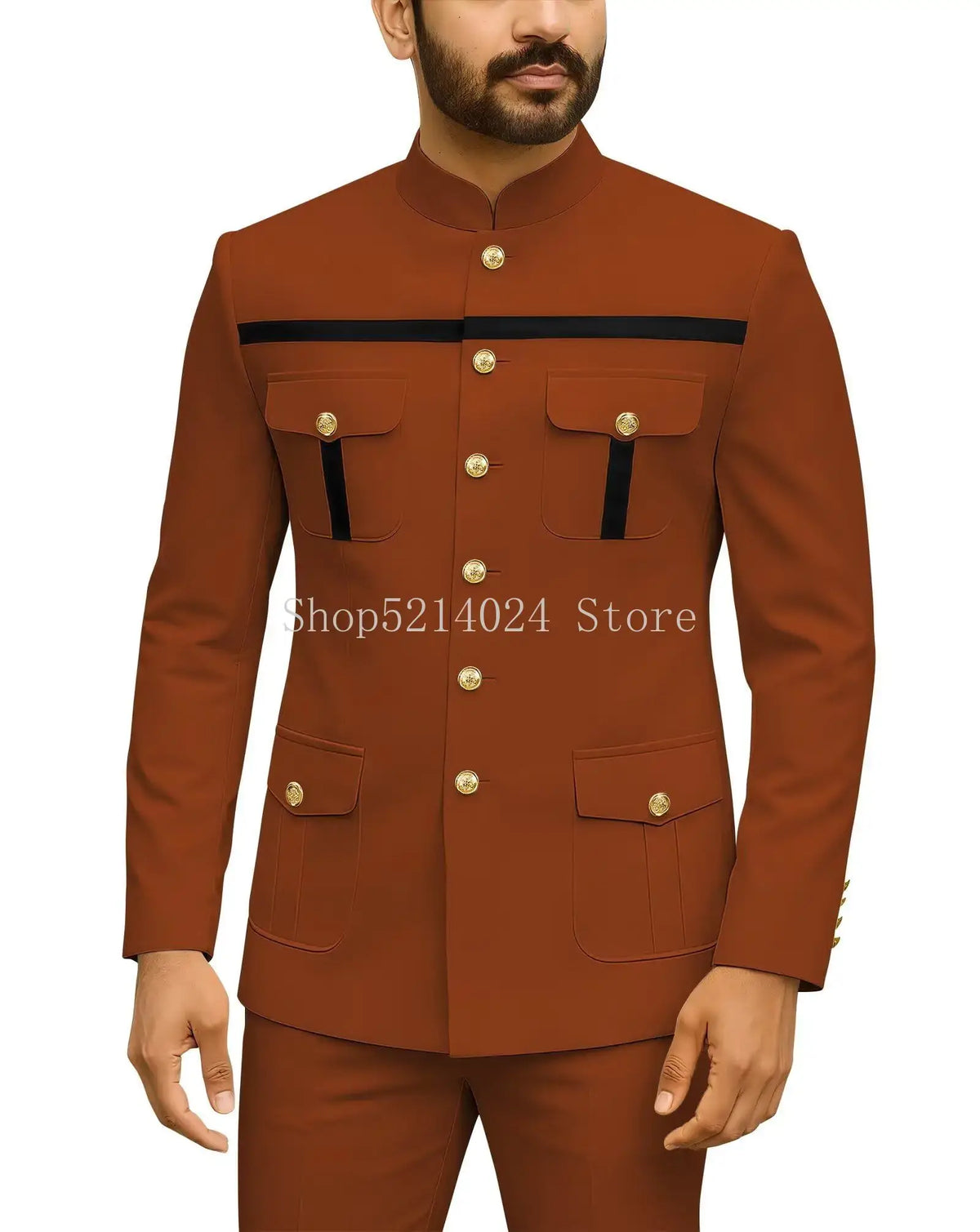 Herren Safari-Anzug 2-teilig Regular Fit Chinakragen Goldknopf Blazer Hose Set Afrikanische Outfits