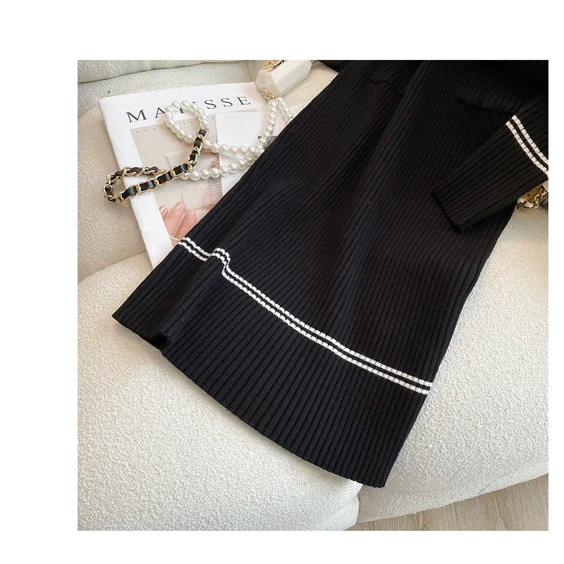 2024 New Autumn Winter Women Knitted Dress Brand Fashion O-neck Buttons Bodycon Sweater Dress with Belt Lady Office Dress