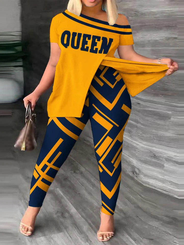 2023 New Set of Two Fashion Pieces for Women Plus Size Faith Geometric Print Split Hem Top & Pants Set Daily Tracksuit