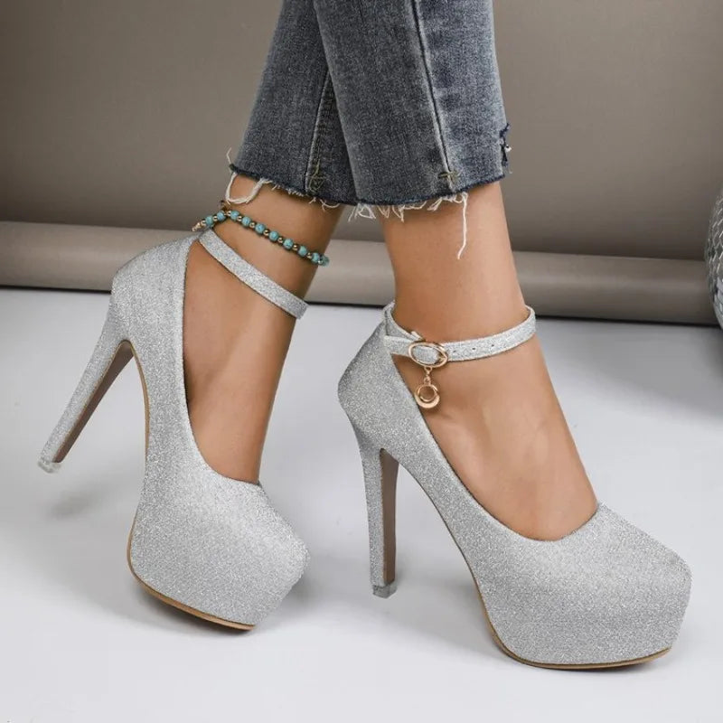 Women's High Heels 2026 New Style Semi-Uppered Thin Heel Waterproof Platform Buckle Fashion Shoes Large Size Strap Shoes