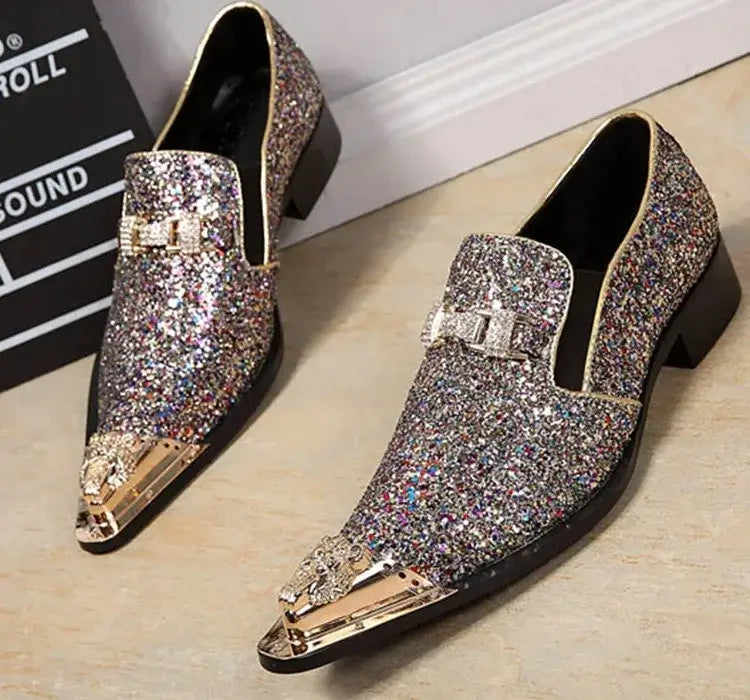 Luxusmarke Herrenschuhe Glitzer Gold italienische Hochzeitsschuhe Herren Leder Spitz Zehe Anzugschuhe Übergröße Herrenschuhe