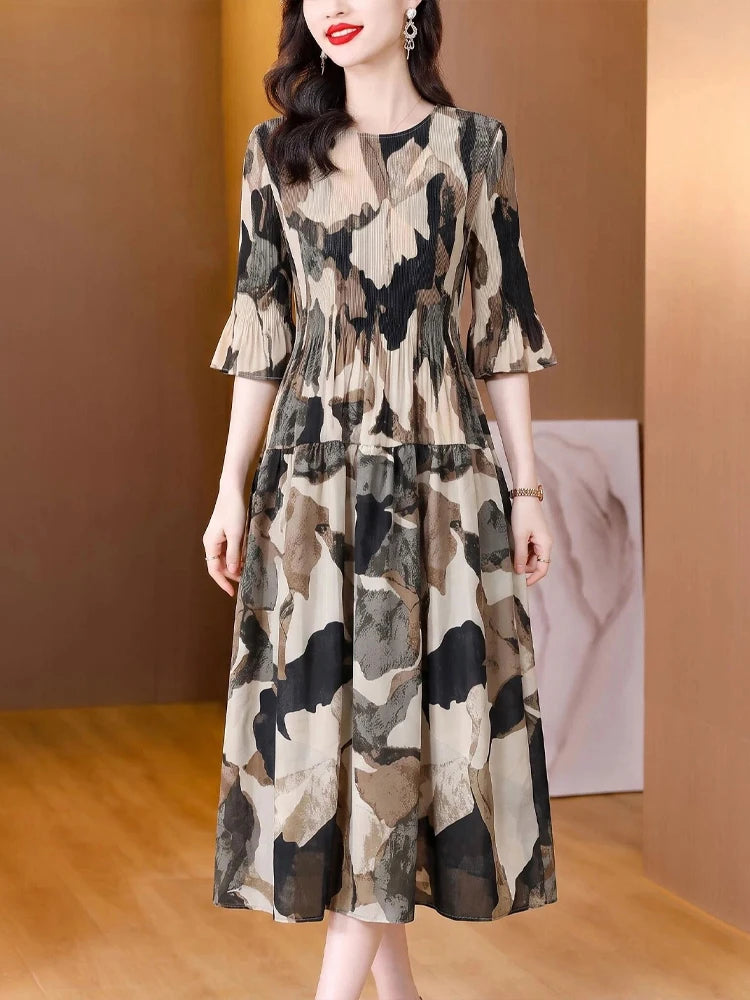 2026 Fashion Dresses for Women Elegant O-Neck Print Women Dress Slim Folds A-LINE Dress Women Vestidos De Verano Mujer Q6292