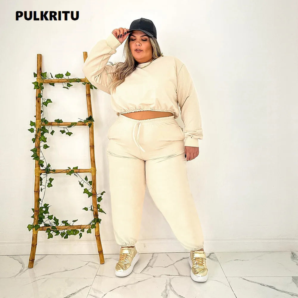 Pulkritu Plus Size Women Jogger Pants Set and Long Sleeve Sweatshirt Fashion Two 2 Piece Set Active Tracksuit Outfits