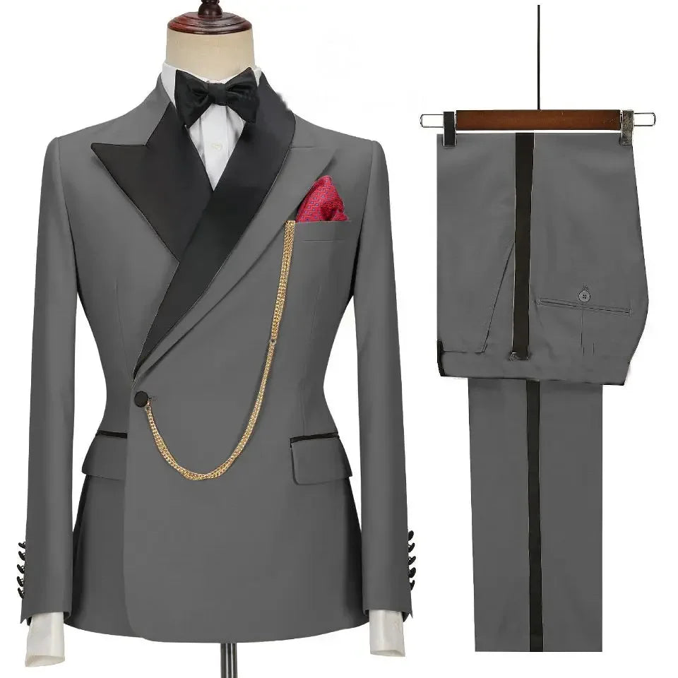 Custom Made Black Groom Tuxedo Peaked Lapel Double Breasted Men Suit Prom Wedding Party Men Suits Costume ( Jacket+Pants)
