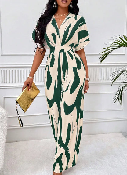 Women Wide Leg Jumpsuit Spring Summer Fashion V Neck Short Sleeve High Waist Full Body Printed Jumpsuits Casual One Pieces