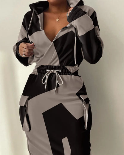 Womens Dresses  Spring Fashion Camouflage Print Waist Drawstring Pocket Design Long Sleeved Casual Daily Midi Dress
