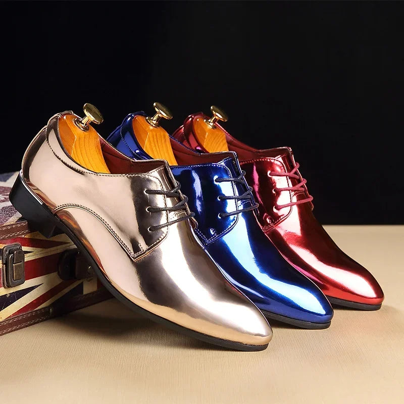 Fashion Trend Patent Leather Men Wedding Shoes Gold Blue Red White Oxfords Shoes Designer Pointed Toe Dress Shoes Big Size 37-48