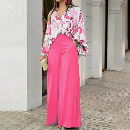Spring Autumn New Women's Fashion Printed Single Breasted Shirt Solid Color Pants Casual Comfort Two Piece Set