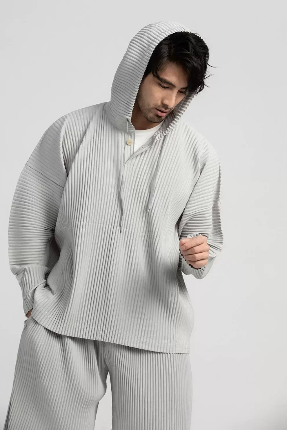 Miyake Pleated Hoodies For Men Black Hoodie Solid Color Coat Breathable Loose Drawstring Casual Top