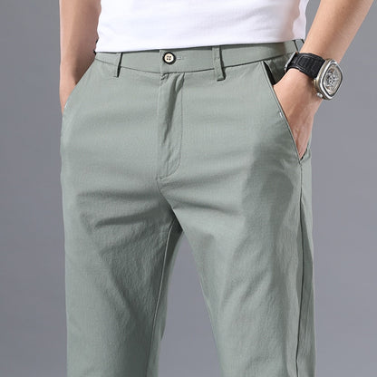 Men's Thin Pants Solid Color Pants Smart Casual Business Fit Body Stretch Trousers Men Cotton Formal Breathable Trousers