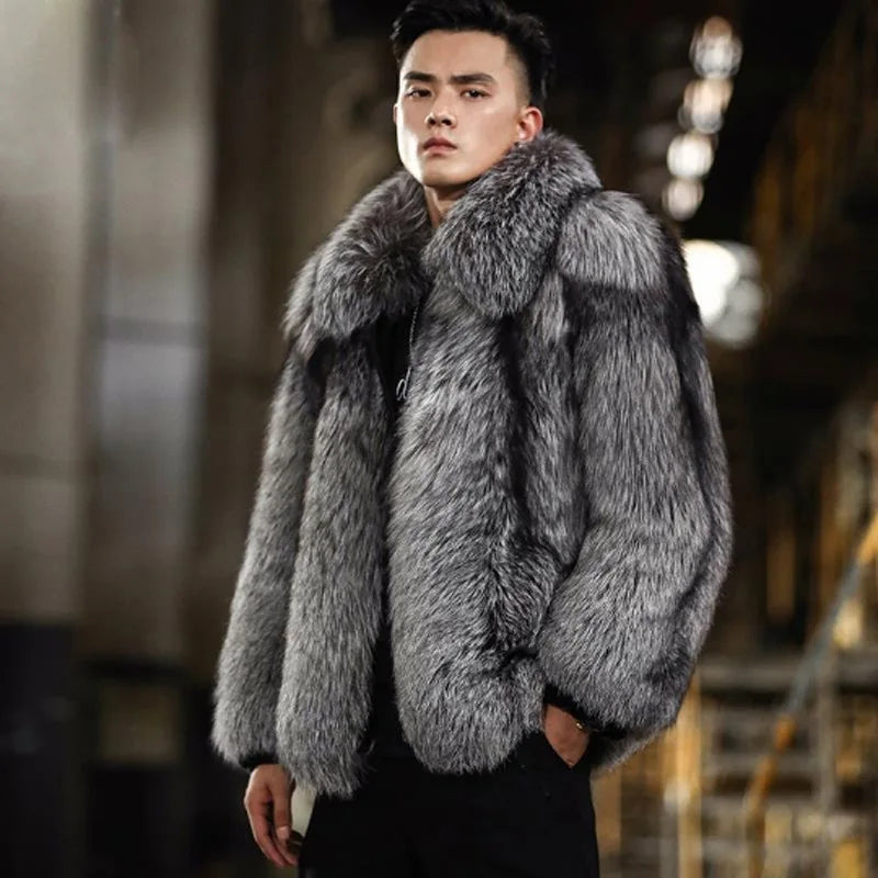 S-6XL Size Fashion Men's Faux Fur Jacket New Fox Fur Short Style Autumn Winter Warm Gray Men's Leather Coat Casual Parkas